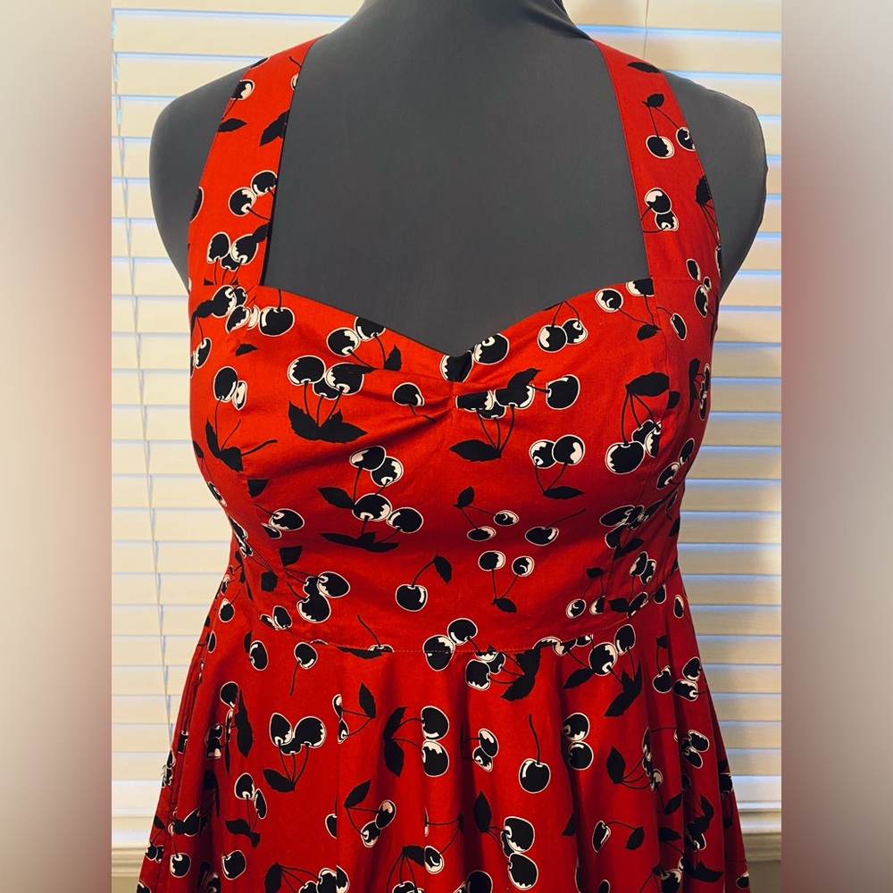 Hell Bunny Alison Retro Cherry Print Halter Dress Size 16UK - Picture 7 of 13